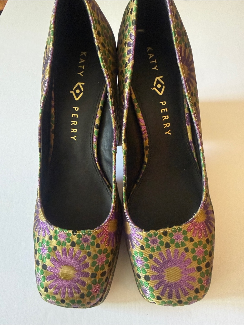 KATY PERRY Collections Purple & Green Floral Brocade Square Toe Platforms Size 9